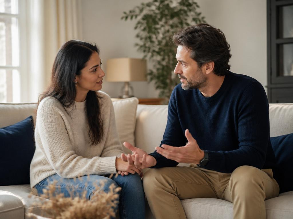 Casal em conversa calma sobre um sofá em sala acolhedora